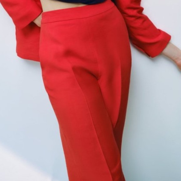 NEW Zara Wide Leg Linen Blend High Waisted Trousers Red Pants XS - Picture 2 of 5